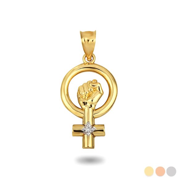 10K Solid Gold Venus Love Symbol Feminist Diamond Pendant -Yellow,Rose,White